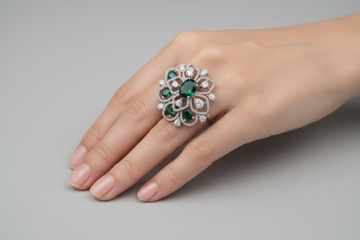 Antique gold-plated statement ring featuring a central elephant motif, two triangular green jade-style stones, and hanging gold bell charms