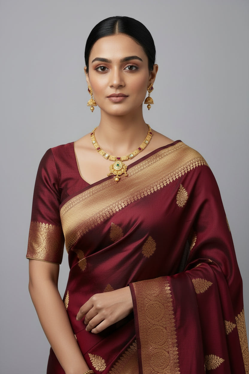 traditional gold-toned jewelry set featuring a necklace with square stations set with ruby-red and clear stones, leading to a large, intricate gold pendant. The set includes matching Jhumka earrings with red stone accents.