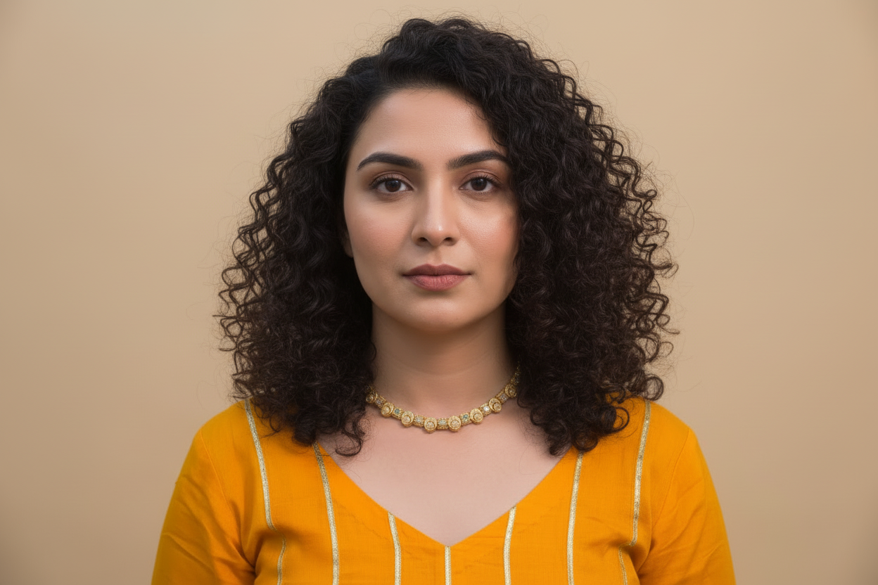 A delicate gold-toned necklace set featuring alternating square and circular stations with intricate textured patterns and small pastel-colored stones. The set includes matching drop earrings with a similar motif, worn by a person in a bright yellow outfit.