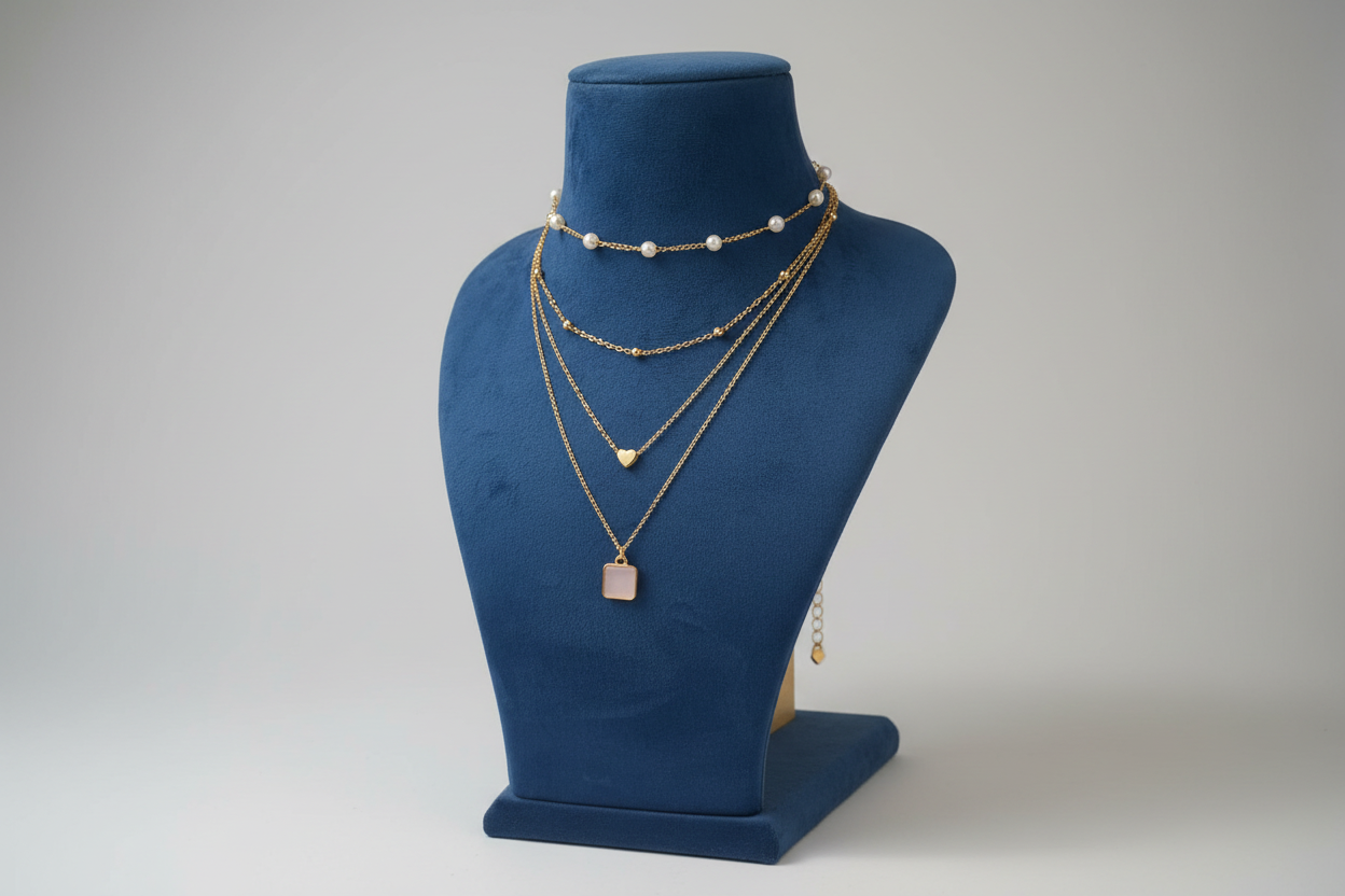 A four-layered gold-tone necklace displayed on a navy blue velvet jewelry bust. The top layer is a dainty choker featuring small white pearls. The middle layers include a simple gold chain with gold beads and a delicate gold heart charm. The longest layer features a square, iridescent shell-like pendant."