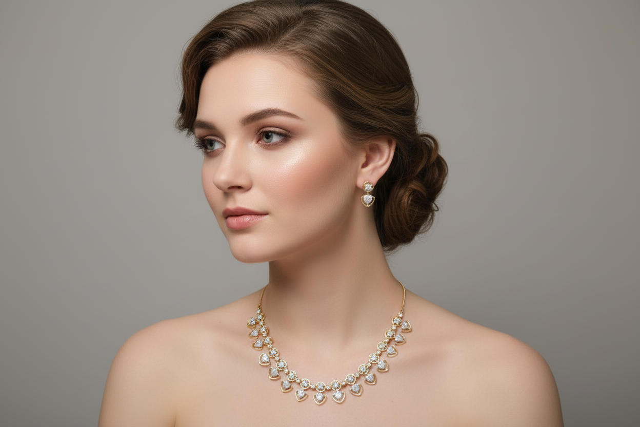 A stunning gold-toned necklace set featuring a continuous row of heart-shaped or spade-shaped stations. Each station is set with a star-patterned cluster of clear crystals. The set includes matching small stud earrings and is displayed on a black jewelry bust