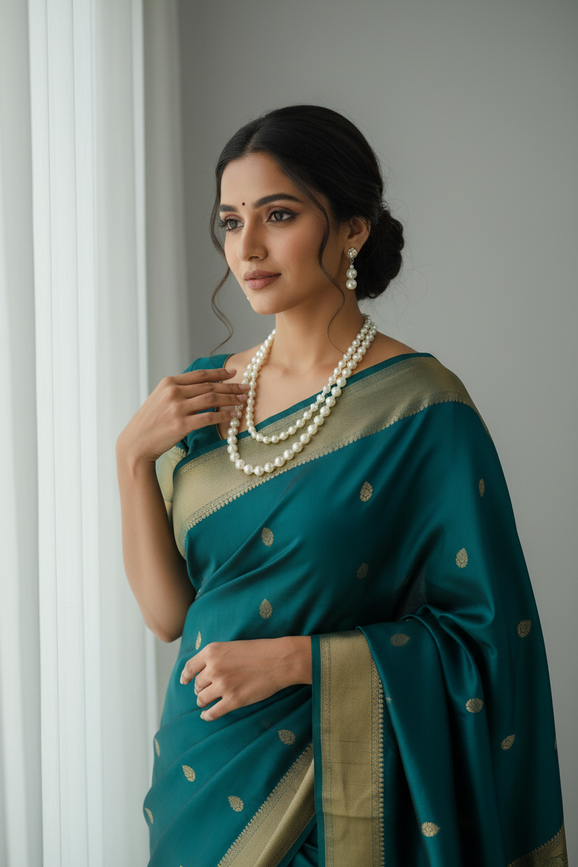 A two-piece jewelry set featuring a double-strand cream pearl necklace and matching pearl drop earrings. The necklace consists of two layers of varying sized pearls displayed on a dark blue velvet bust. The earrings feature two pearls stacked vertically on gold-tone hooks