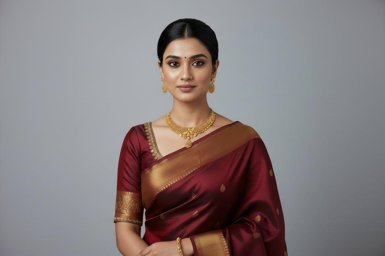 Gold necklace and earrings on a black stand against a dark background