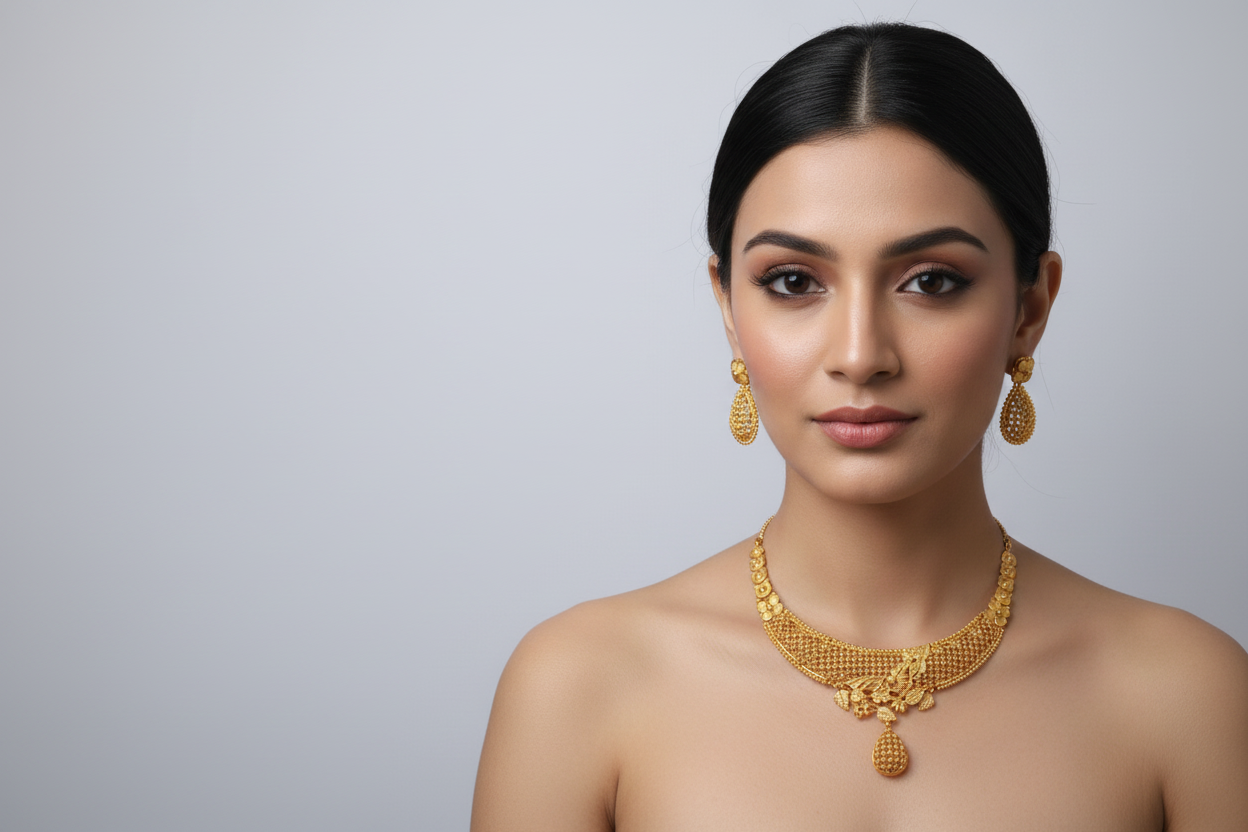 Elegant matte gold-plated choker set featuring a curved mesh-lattice design, 3D floral vine accents, and a central teardrop pendant with matching drop earrings on a black stand.