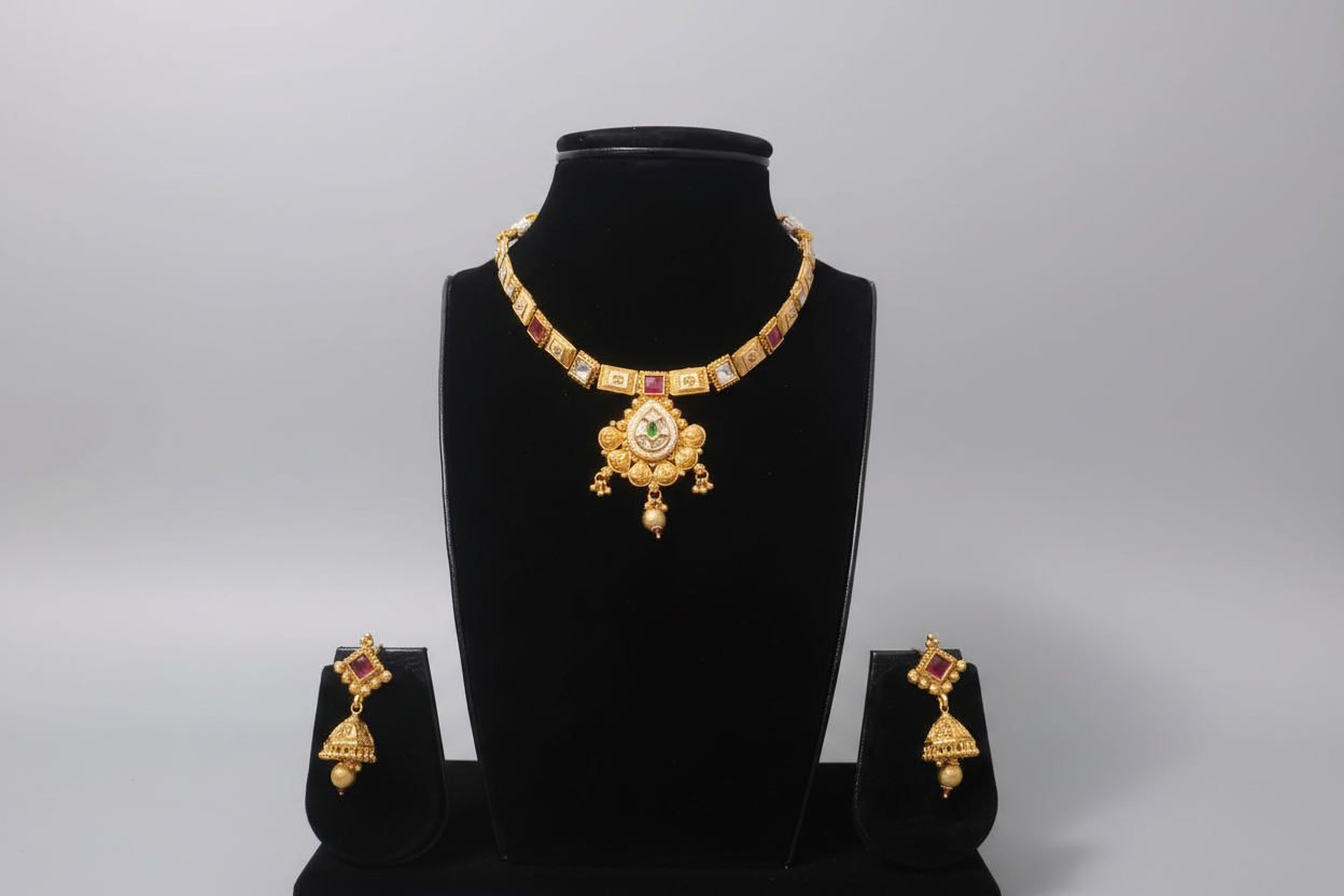 A traditional gold-toned jewelry set featuring a necklace with square stations set with ruby-red and clear stones, leading to a large, intricate gold pendant. The set includes matching Jhumka earrings with red stone accents, displayed on a black jewelry bust.