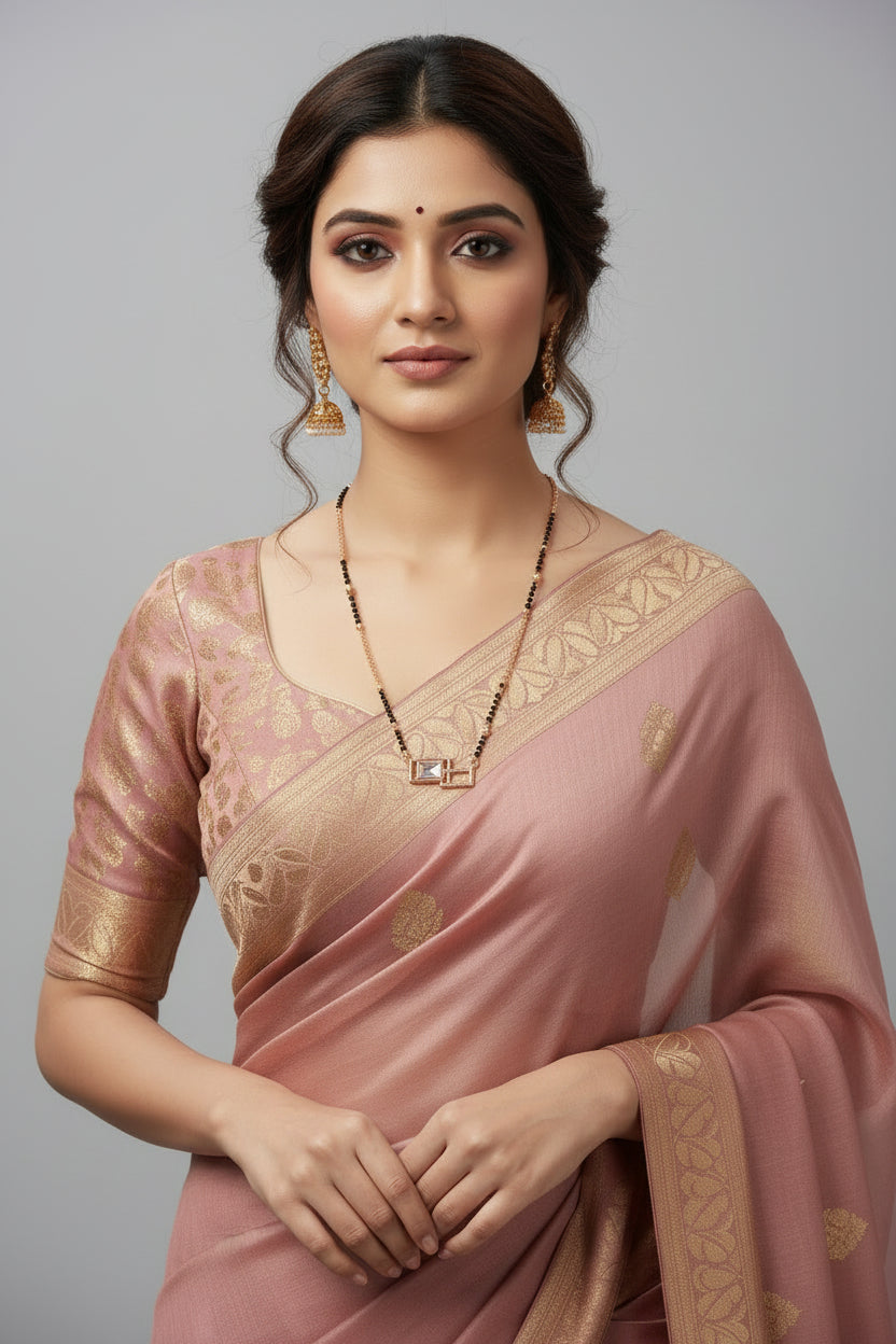 A contemporary mangalsutra featuring a unique dual-strand chain of black beads and gold links. The pendant consists of two interlocking rectangular frames—one gold-toned and one set with clear crystals—housing a central emerald-cut clear stone, displayed on a black jewelry bust.