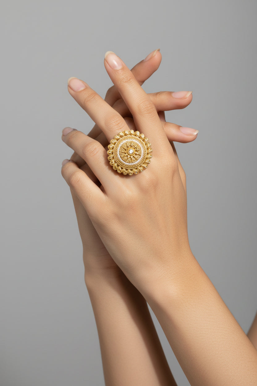 Large gold-plated circular statement ring for women, Indian ethnic sunburst design jewelry for weddings and festivals
