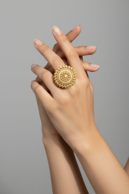 Large gold-plated circular statement ring for women, Indian ethnic sunburst design jewelry for weddings and festivals