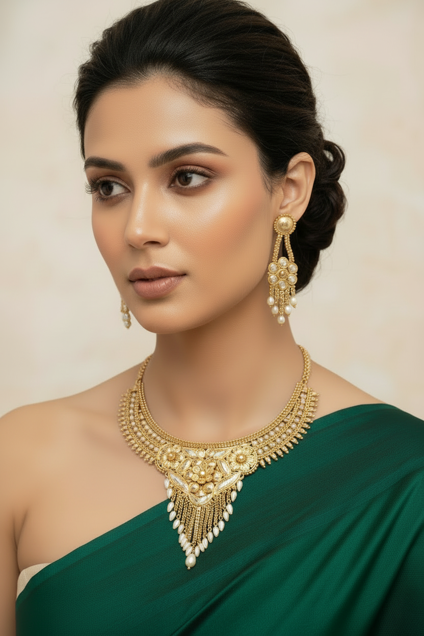 Intricate gold-plated statement necklace and matching drop earrings featuring detailed floral engravings, tiered metalwork, and delicate fringe charms on a black background.