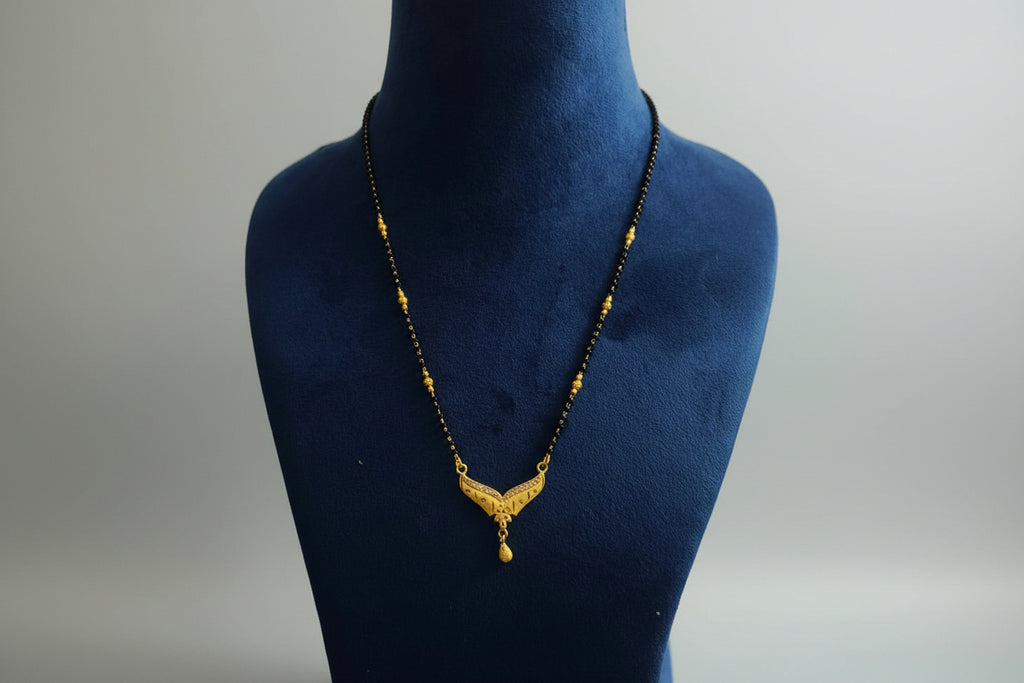 Handcrafted V-Shape Gold-Plated Mangalsutra with Black Beads & CZ Accents