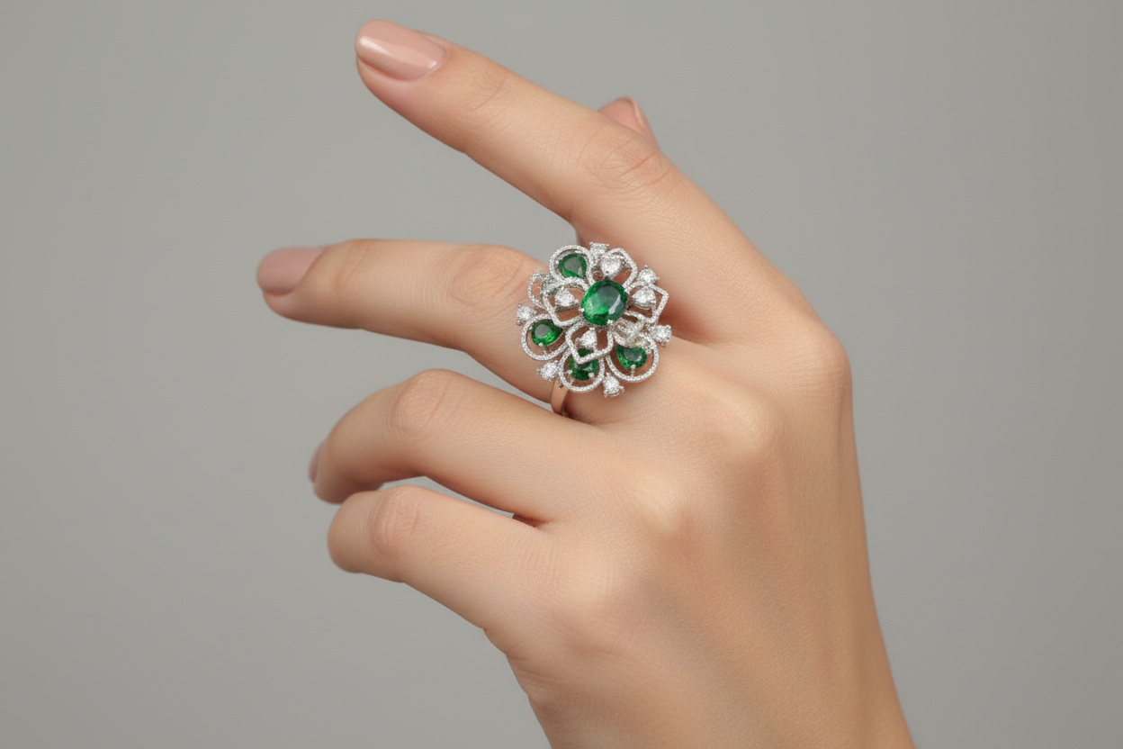 A large, oversized circular statement ring in a silver-tone finish, featuring an intricate openwork floral design set with clear crystals and multiple teardrop and oval-cut emerald-green stones. The ring is shown worn on a hand against a dark green velvet background.