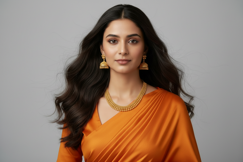 A modern gold-toned choker necklace featuring four layered strands of polished round beads that graduate in size toward the center, shown worn on a neck against an orange and white background.