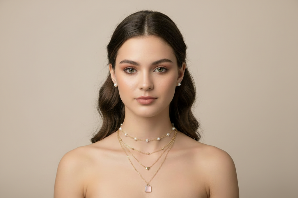 Elegant four-tier layered gold necklace with a pearl choker, gold heart charm, and square pendant