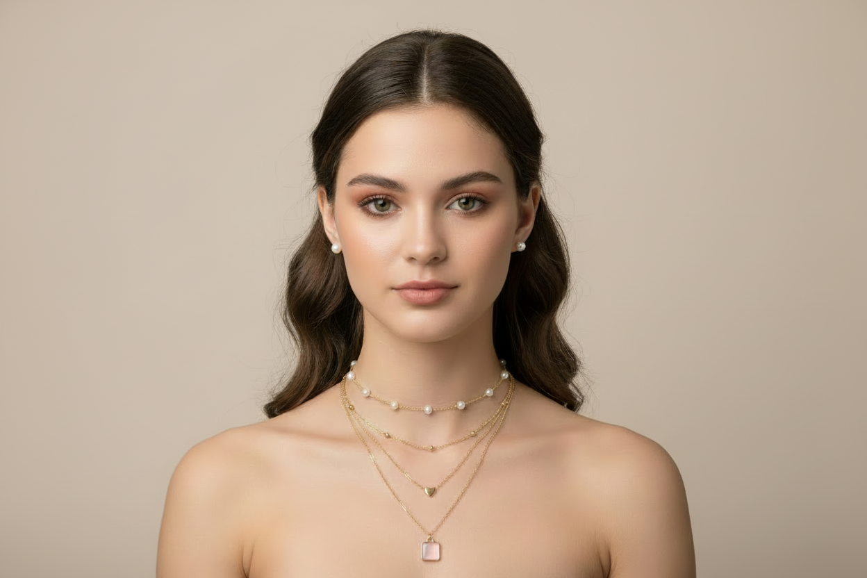 Elegant four-tier layered gold necklace with a pearl choker, gold heart charm, and square pendant
