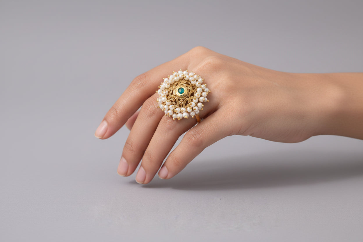Traditional gold-finish cocktail ring featuring a central green emerald-style stone surrounded by a lush border of white faux pearls and intricate gold filigree work.