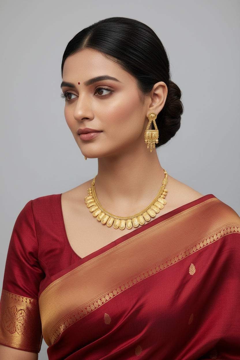 A traditional gold-toned jewelry set featuring a necklace with a row of scalloped, shield-shaped stations with intricate textured detailing. The set includes matching drop earrings with a similar motif and hanging gold accents, displayed against a black velvet background
