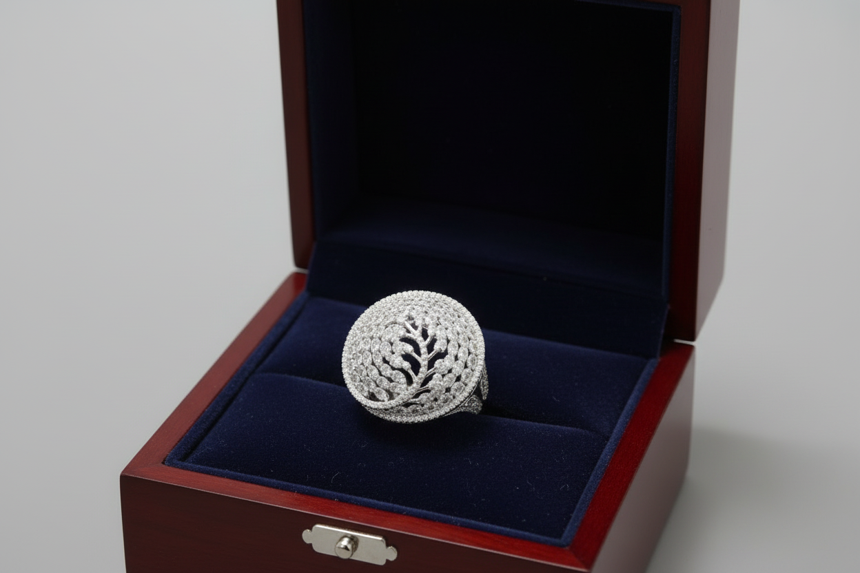 Hand wearing a large, ornate silver ring with intricate design on a dark background