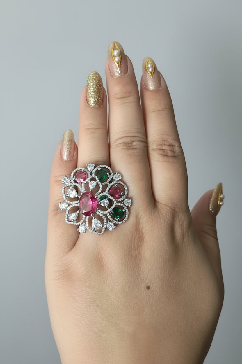 The Empress Ruby & Emerald Floral Cocktail Ring