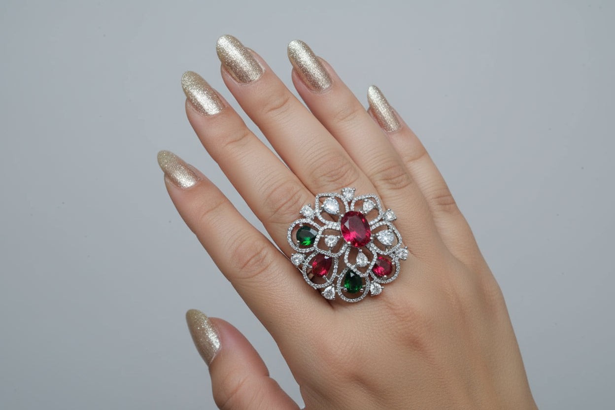 The Empress Ruby & Emerald Floral Cocktail Ring