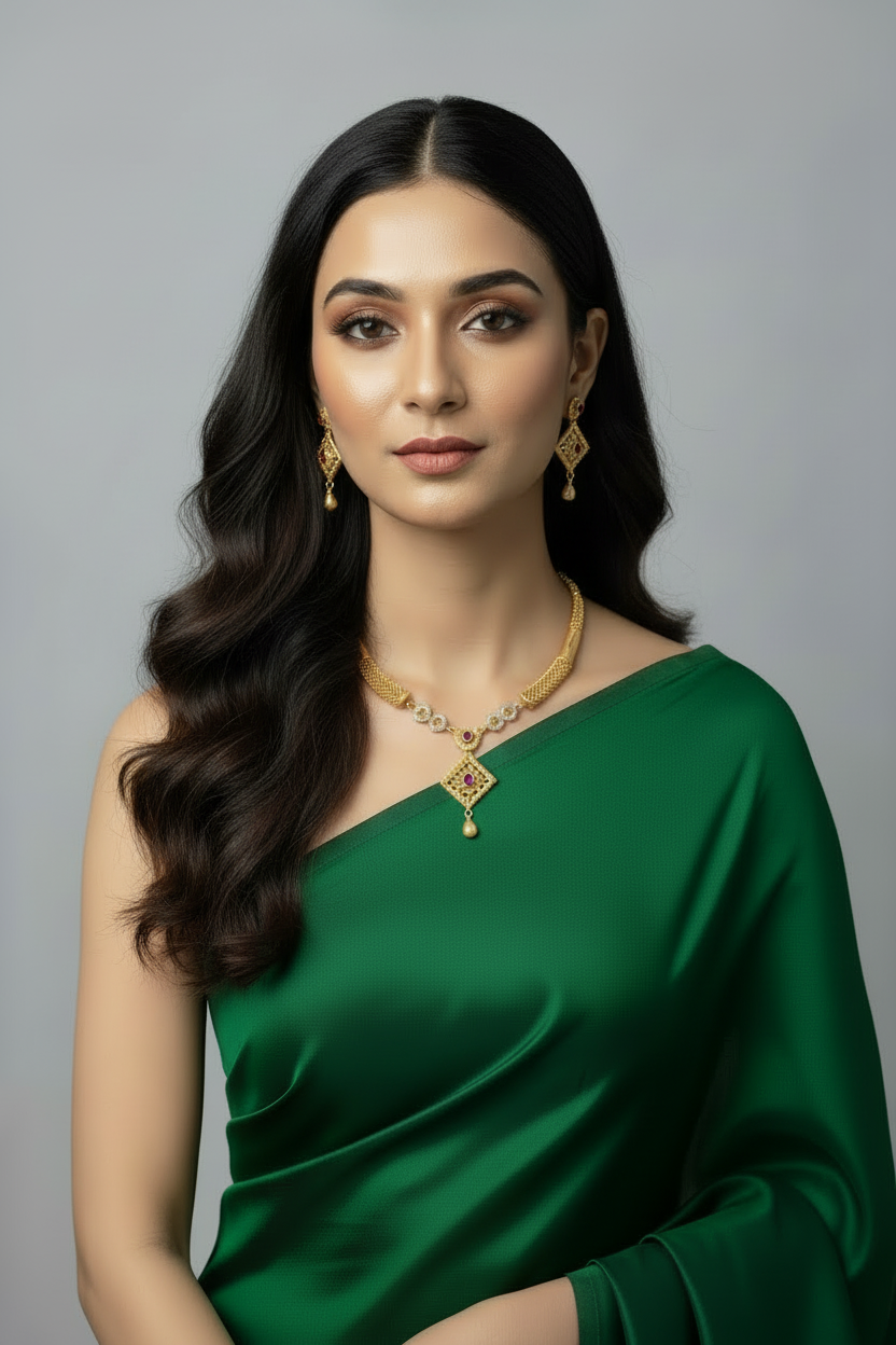 A gold-toned jewelry set featuring a necklace with a textured tubular collar and a diamond-shaped pendant. The pendant has a central ruby-red stone and intricate cutout detailing. The set includes matching diamond-shaped drop earrings