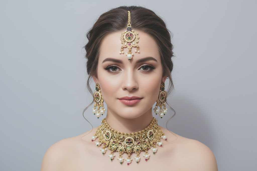 A heavy, traditional antique gold-finished choker necklace and matching maang tikka set. The design features intricate floral and circular metalwork, accented with green, pink, and clear stones, and finished with multiple white pearl droplets, displayed on a black jewelry bust