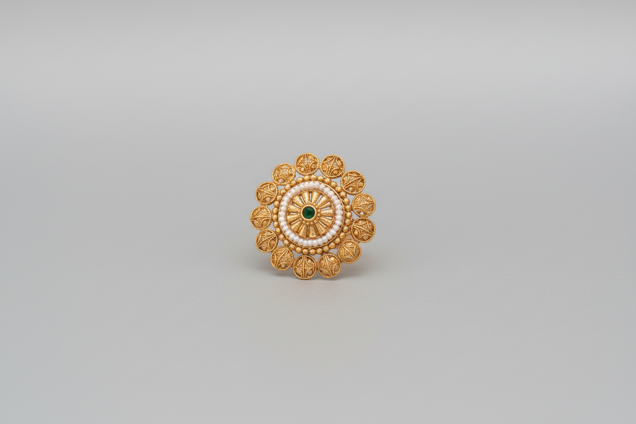 Traditional gold-finish cocktail ring with white pearl accents and a green center stone, showcasing a sunburst or floral design