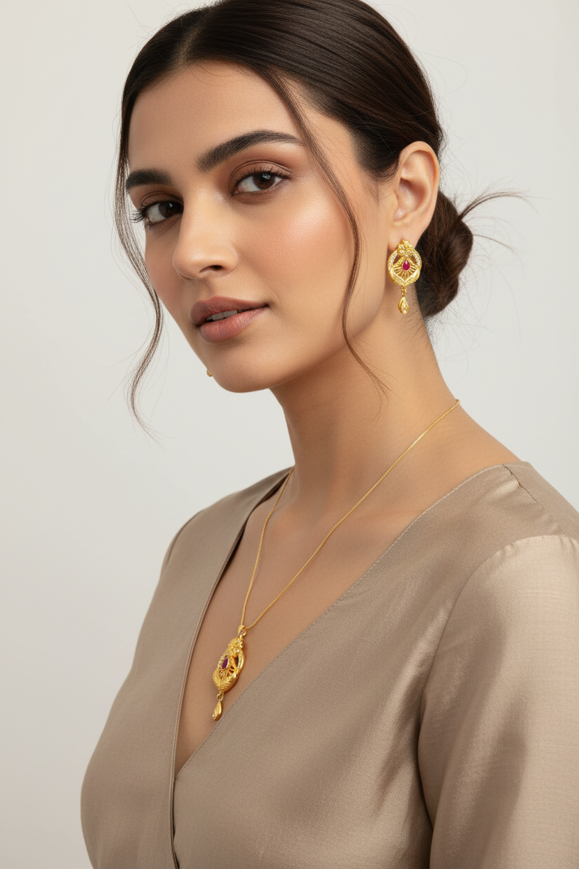 Gold necklace and earrings set on a black stand with a blurred background