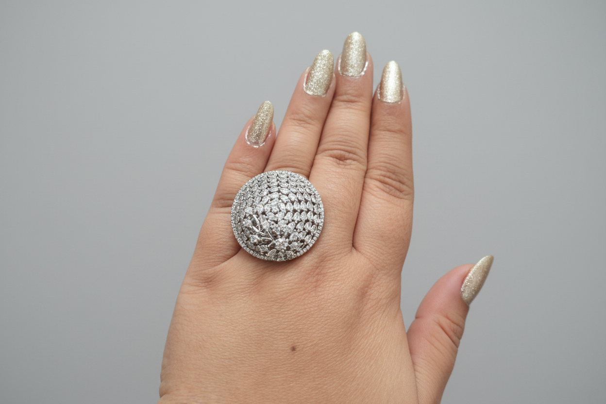 Silver ring with intricate design on a hand against a dark background