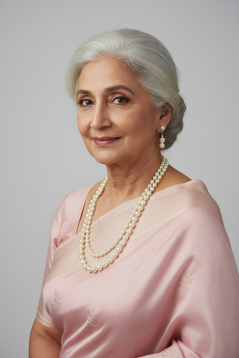 Pearl necklace and earrings on a blue mannequin with a blurred indoor background