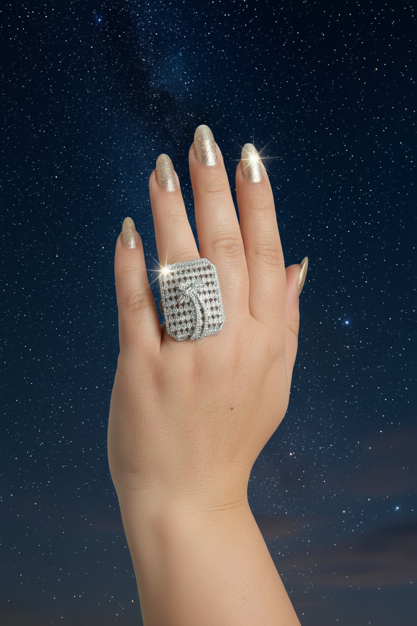 Large Rectangular Silver-Tone Pavé Ring