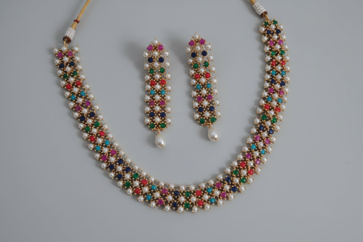 Aura Multi-Color Stone & Pearl Lattice Jewelry Set