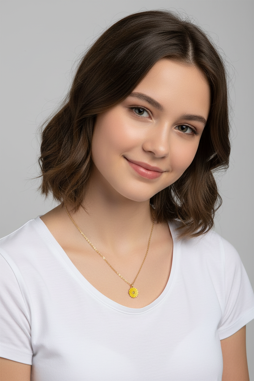 A dainty gold-tone chain necklace featuring a bright yellow and white enamel daisy flower pendant, centered on a dark blue velvet jewelry display.